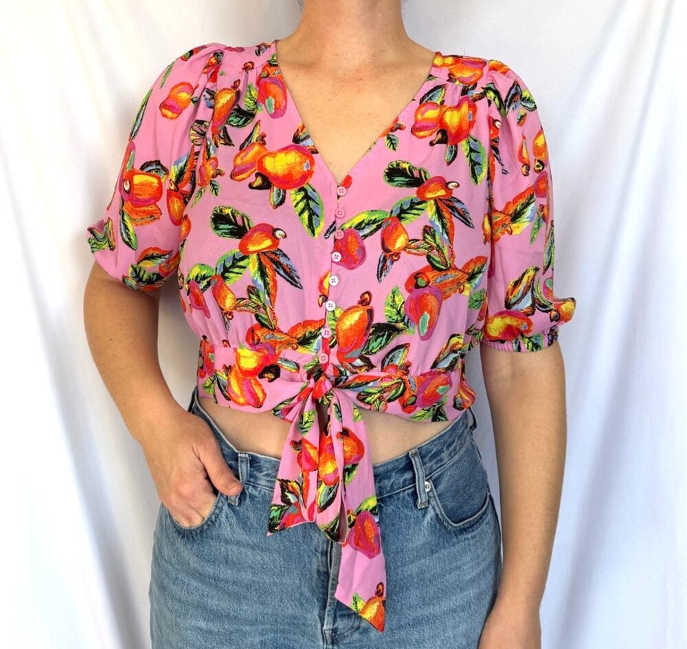 Joie Tropical Bright Pink Floral Orange Fruit Crop Tie Blouse Top, Large